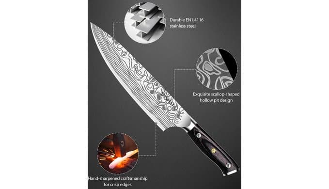 MOSFiATA 8" Super Sharp Professional Chef's Knife with Finger Guard and Knife Sharpener, German High Carbon Stainless Steel EN1.4116 with Micarta Handle and Gift Box thumbnail 5