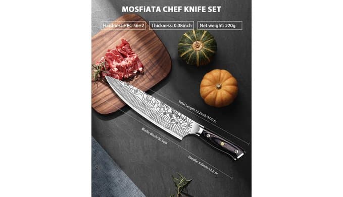 MOSFiATA 8" Super Sharp Professional Chef's Knife with Finger Guard and Knife Sharpener, German High Carbon Stainless Steel EN1.4116 with Micarta Handle and Gift Box thumbnail 3