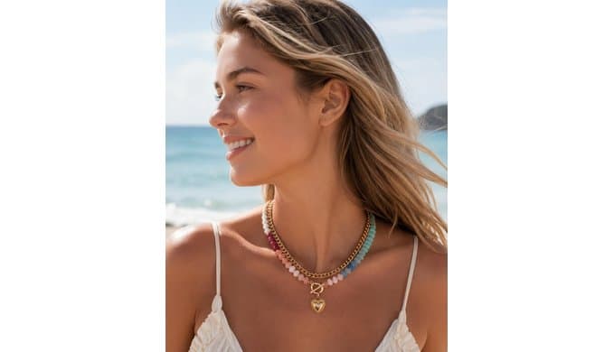 Layered Necklaces for Women, Gold Heart & Acrylic Beaded Choker thumbnail 4