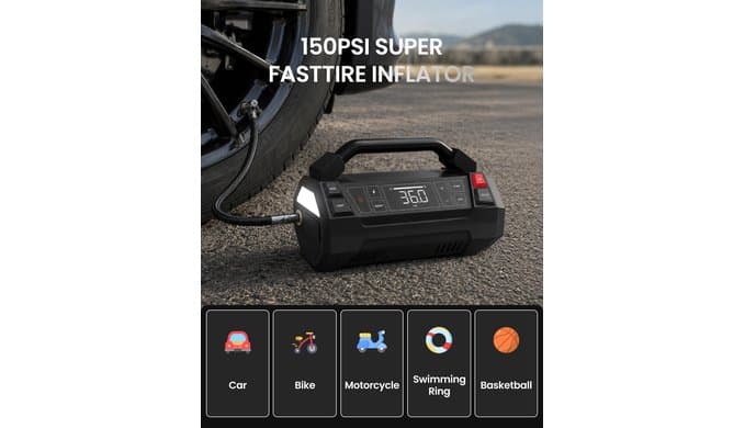 Tire Inflator Portable Air Compressor, Jump Starter, Car Vacuum Cleaner & LED Work Light, 4-IN-1 Multi-Function Design Cordless Tire Inflator with Digital Display for Cars thumbnail 5