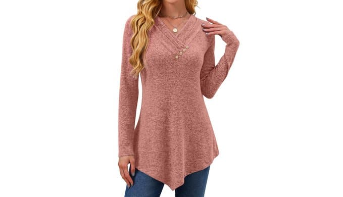 Womens Tunic Tops Loose Fit Dressy Long Sleeve V Neck Shirt thumbnail 1