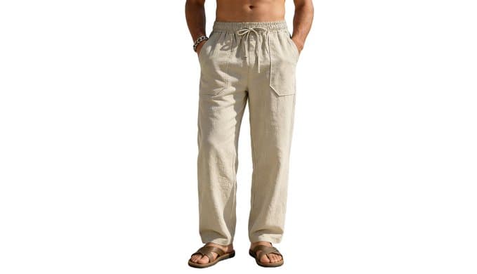 RQP Mens Cotton Linen Pants Casual Loose Fit Drawstring Summer Beach Pants Lightweight Vacation Yoga Trousers with Pockets thumbnail 1