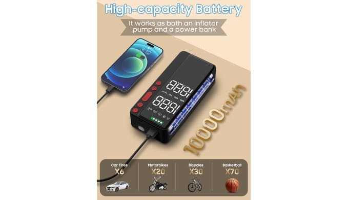 10000mAh Tire Inflator Portable Air Compressor for Car Tires thumbnail 5