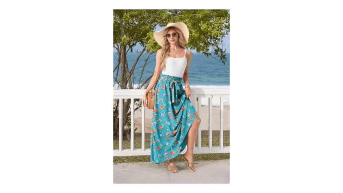 Lepunuo Womens Casual Floral Elastic High Waisted Flowy Maxi Skirts Trendy Flowy Cute Long Skirts with Pockets thumbnail 2