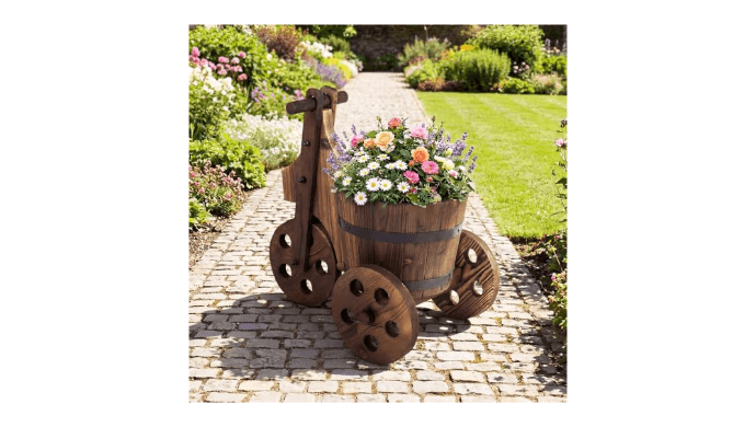 Giantex Wooden Wagon Planter with Wheels, Rustic Wood Plant Stand with 3 Wheels & Drainage Hole for Flowers Herbs Vegetables, Indoor Outdoor Decorative Garden Flower Cart for Patio Backyard (1) thumbnail 1