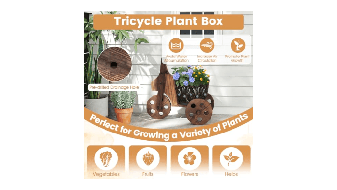 Giantex Wooden Wagon Planter with Wheels, Rustic Wood Plant Stand with 3 Wheels & Drainage Hole for Flowers Herbs Vegetables, Indoor Outdoor Decorative Garden Flower Cart for Patio Backyard (1) thumbnail 2