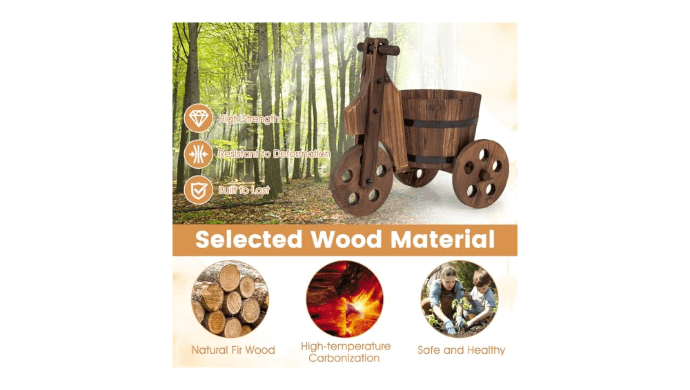 Giantex Wooden Wagon Planter with Wheels, Rustic Wood Plant Stand with 3 Wheels & Drainage Hole for Flowers Herbs Vegetables, Indoor Outdoor Decorative Garden Flower Cart for Patio Backyard (1) thumbnail 3