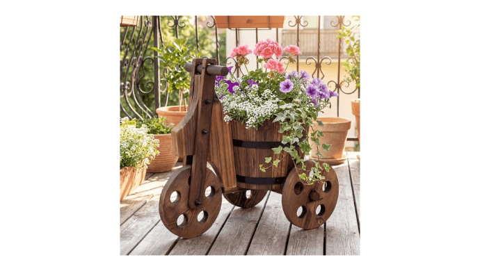 Giantex Wooden Wagon Planter with Wheels, Rustic Wood Plant Stand with 3 Wheels & Drainage Hole for Flowers Herbs Vegetables, Indoor Outdoor Decorative Garden Flower Cart for Patio Backyard (1) thumbnail 4