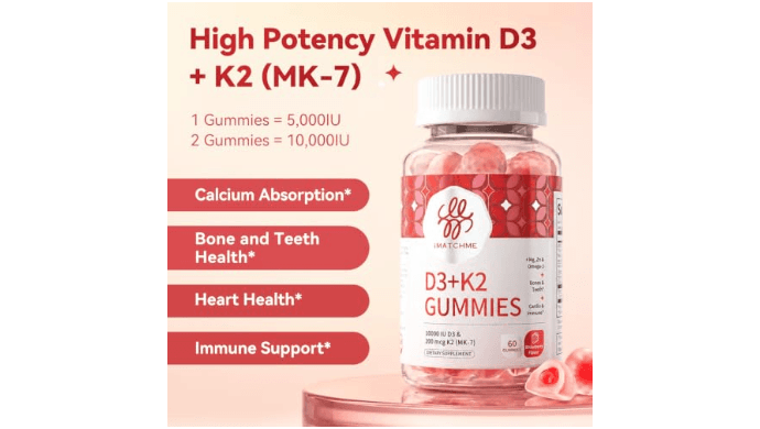 Vitamin D3 K2 Gummies, 5,000 IU / 10,000 IU D3 + 200 mcg MK-7, 120 Count thumbnail 2