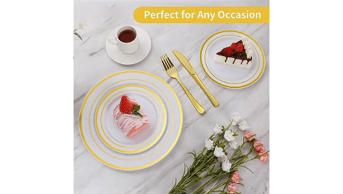 Goodluck 200PCS Gold Plastic Plates, Heavy Duty Disposable Gold Plates thumbnail 3