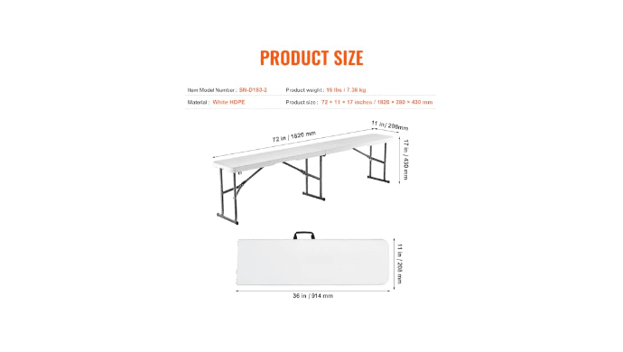 VEVOR Plastic Folding Bench, 6ft Portable Folding Bench, Smooth High Density Polyethylene Waterproof Outdoor Bench, Picnic Camping Table with Handle for Garden Soccer Playtime, White (1 Pack) thumbnail 3