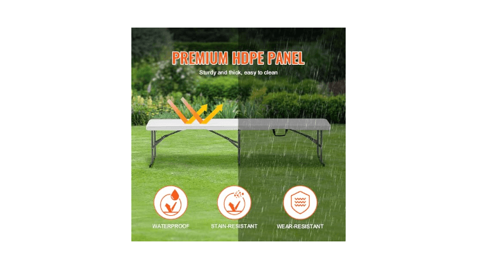 VEVOR Plastic Folding Bench, 6ft Portable Folding Bench, Smooth High Density Polyethylene Waterproof Outdoor Bench, Picnic Camping Table with Handle for Garden Soccer Playtime, White (1 Pack) thumbnail 5