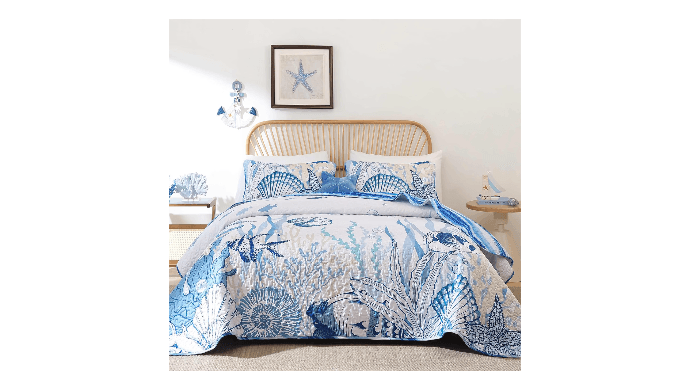 DJY Ocean Coastal Quilt Queen Size, 3 Pcs