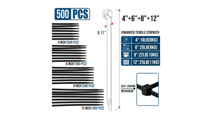 2000 Pack Zip Ties Black Assorted Sizes 4+6+8+12 Inch Cable ties thumbnail 2