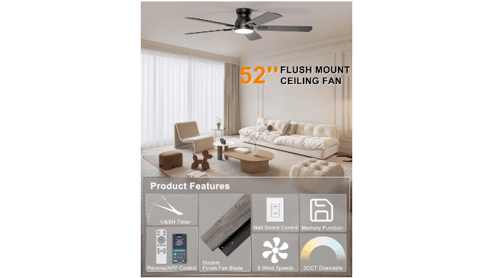 Ohniyou 52'' Low Profile Ceiling Fan with Lights, Remote/APP Control, Black thumbnail 3