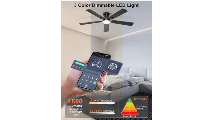 Ohniyou 52'' Low Profile Ceiling Fan with Lights, Remote/APP Control, Black thumbnail 4