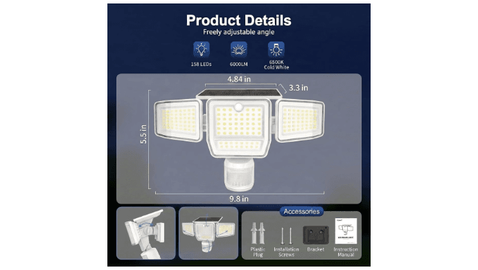 6000LM Solar Flood Lights Outdoor, 4 Heads with Large Motion Sensor thumbnail 2