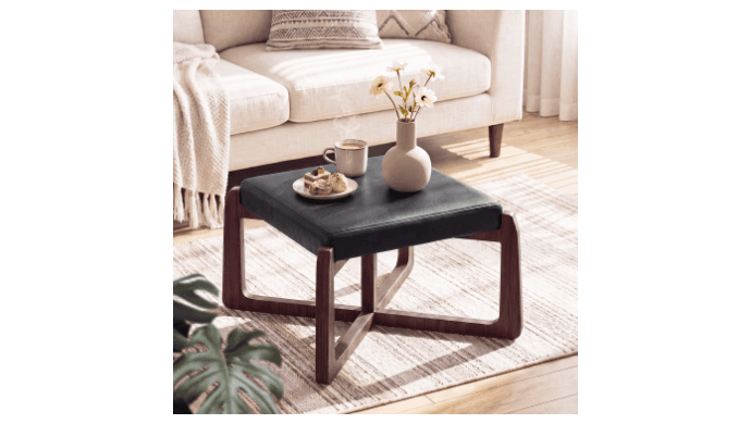 Faux Leather Square Coffee Table Ottoman,24" Coffee Table for Living Room Ottoman,Ash Wood Living Room Table (Black) thumbnail 1
