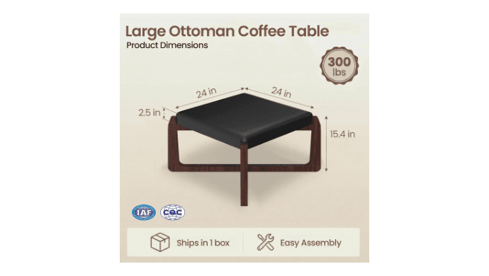Faux Leather Square Coffee Table Ottoman,24" Coffee Table for Living Room Ottoman,Ash Wood Living Room Table (Black) thumbnail 2