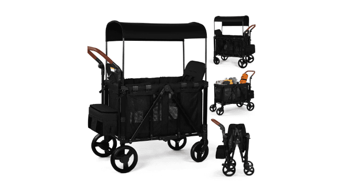 Vomeast Wagon Stroller for 2 Kids, 3-in-1 Outdoor Baby Stroller Wagon with Canopy, 5-Point Harness, Adjustable Handlebars, Removable Seat for Toddlers, Black thumbnail 1