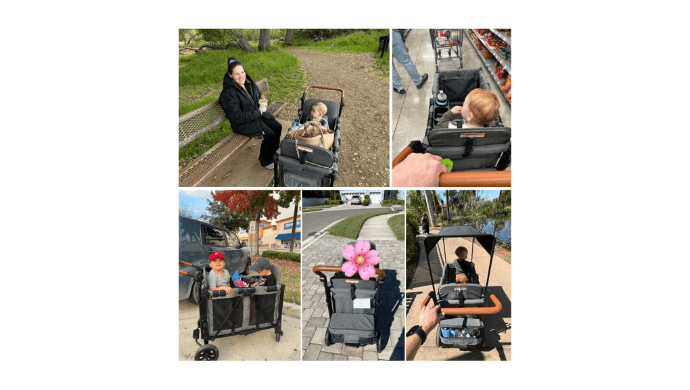 Vomeast Wagon Stroller for 2 Kids, 3-in-1 Outdoor Baby Stroller Wagon with Canopy, 5-Point Harness, Adjustable Handlebars, Removable Seat for Toddlers, Black thumbnail 2
