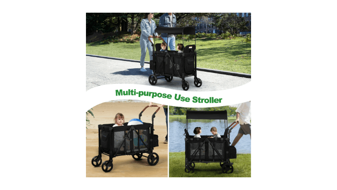 Vomeast Wagon Stroller for 2 Kids, 3-in-1 Outdoor Baby Stroller Wagon with Canopy, 5-Point Harness, Adjustable Handlebars, Removable Seat for Toddlers, Black thumbnail 3