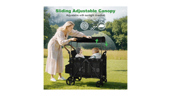 Vomeast Wagon Stroller for 2 Kids, 3-in-1 Outdoor Baby Stroller Wagon with Canopy, 5-Point Harness, Adjustable Handlebars, Removable Seat for Toddlers, Black thumbnail 4