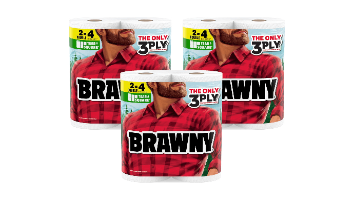 Brawny Tear-A-Square 3-Ply Paper Towels, 6 Double Rolls = 12 Regular Rolls (3 Packs of 2)