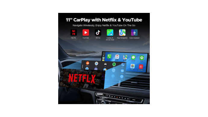 Volam 11'' Wireless Carplay Screen for Car Built-in Net-Flix YouTube Apps, Portable Touchscreen Car Stereo with Android Auto, Backup Camera, OTA Updates, Bluetooth, Voice Control, GPS Navigation,FM thumbnail 2