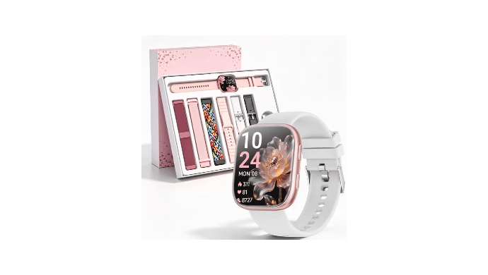 Mingdaln 7 Bands Gift Set Smart Watches Fits for Android iPhone , [1.85" AMOLED Screen] Smartwatch for women，Fitness Tracker Ip68 Waterproof with Bluetooth Calls, AI Control, 7 Days Battery，Pink