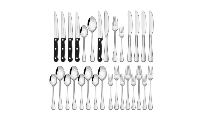 NULAS 24-Piece Silverware Set, Mirror Polish Stainless Steel Flatware Set. Includes Steak Knives, Dishwasher Safe for Home & Restaurant, Gifts, Silver.