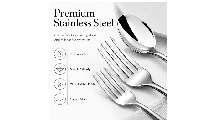 NULAS 24-Piece Silverware Set, Mirror Polish Stainless Steel Flatware Set. Includes Steak Knives, Dishwasher Safe for Home & Restaurant, Gifts, Silver. thumbnail 2