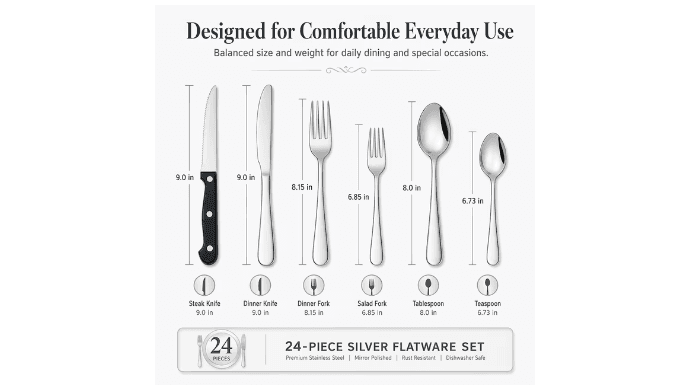 NULAS 24-Piece Silverware Set, Mirror Polish Stainless Steel Flatware Set. Includes Steak Knives, Dishwasher Safe for Home & Restaurant, Gifts, Silver. thumbnail 3