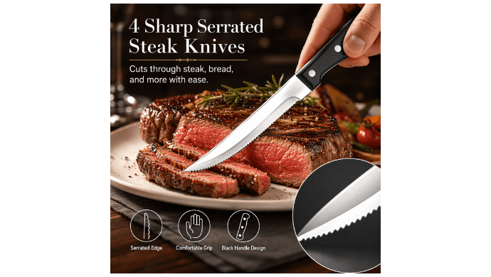 NULAS 24-Piece Silverware Set, Mirror Polish Stainless Steel Flatware Set. Includes Steak Knives, Dishwasher Safe for Home & Restaurant, Gifts, Silver. thumbnail 4