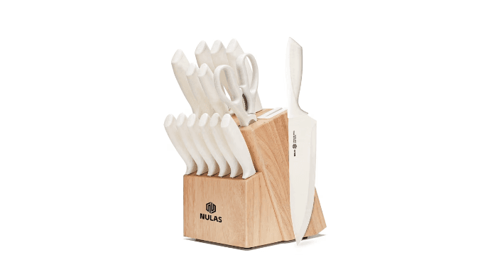 NULAS Knife Set, 14-Piece with Built-in Sharpener, Non-Stick Coated High Carbon Stainless Steel Knife Block Set, Dishwasher Safe, Cream