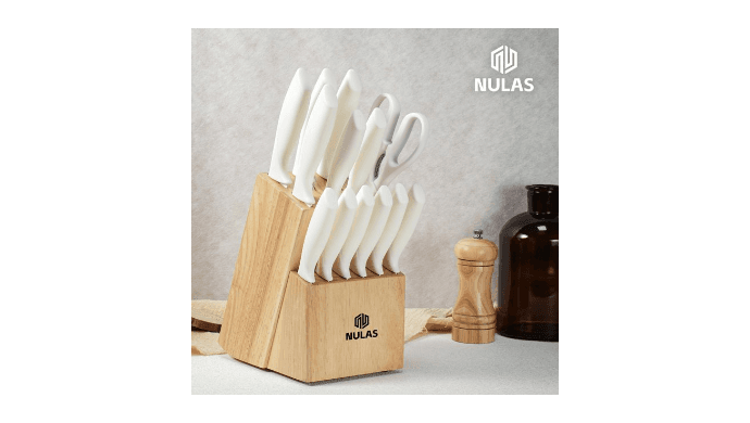 NULAS Knife Set, 14-Piece with Built-in Sharpener, Non-Stick Coated High Carbon Stainless Steel Knife Block Set, Dishwasher Safe, Cream thumbnail 3