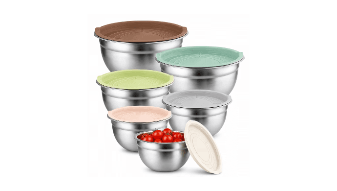 NULAS 6-Piece Stainless Steel Mixing Bowl Set with Lids, Nesting Metal Bowls for Kitchen – 4.5/3.5/2.5/2/1.5/1 qt, Great for Prep, Baking & Serving, Multicolor