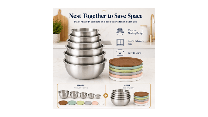 NULAS 6-Piece Stainless Steel Mixing Bowl Set with Lids, Nesting Metal Bowls for Kitchen – 4.5/3.5/2.5/2/1.5/1 qt, Great for Prep, Baking & Serving, Multicolor thumbnail 4