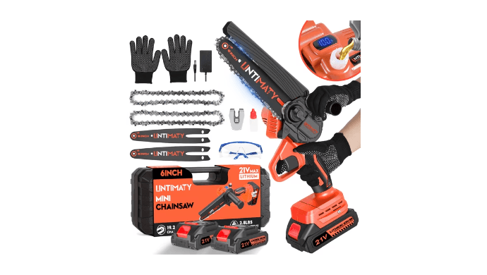 UNTIMATY Mini Chainsaw 6 Inch, 21V Cordless Electric Chainsaw with 2 Batteries & 2 Chains, Safety Lock, Handheld Chain Saw for Tree Trimming Wood Cutting Pruning