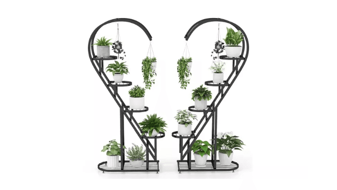 5 Tier Metal Plant Stand Heart-shaped Shelf w/ Hanging Hook for Multiple Plants