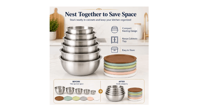 NULAS 6-Piece Stainless Steel Mixing Bowl Set with Lids, Nesting Metal Bowls for Kitchen – 4.5/3.5/2.5/2/1.5/1 qt, Great for Prep, Baking & Serving, Multicolor thumbnail 4