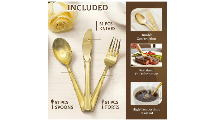 Glowserve 153 Pack Gold Disposable Plastic Silverware Set Cutlery Set thumbnail 4