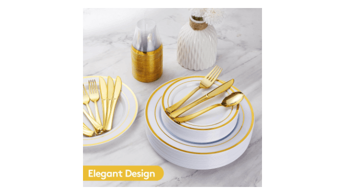 600 Pieces Gold Disposable Plastic Plates for 100 Guests thumbnail 4