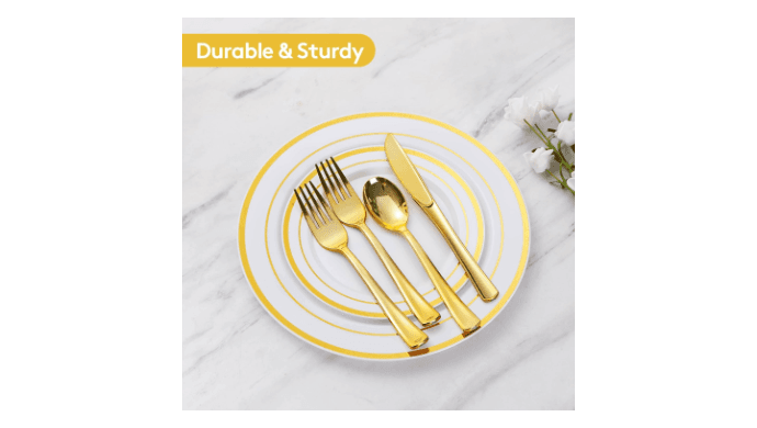 600 Pieces Gold Disposable Plastic Plates for 100 Guests thumbnail 5