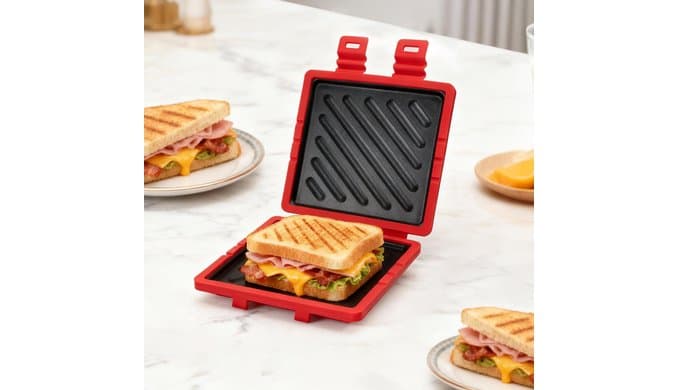 Microwave Sandwich Maker with Non-Stick Plates and Adjustable Strap, Red thumbnail 2