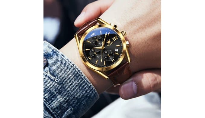 OLEVS Watch Men Leather Chronograph Waterproof Luxury Dress Analog Quartz thumbnail 2