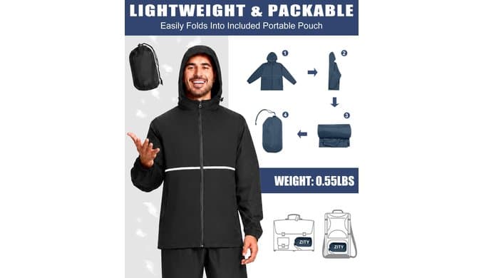 ZITY Men's Rain Jacket Waterproof Lightweight Packable Raincoat thumbnail 5