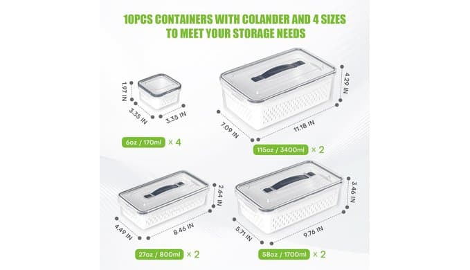 10Pack Fruit Storage Containers for Fridge with Colander and Lids thumbnail 3