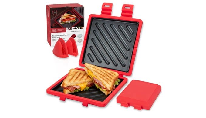 Microwave Sandwich Maker with Non-Stick Plates and Adjustable Strap, Red thumbnail 1