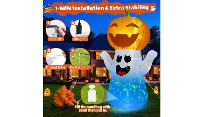 zukakii 5FT Halloween Inflatables Pumpkin Ghost Built-in 3-Pattern Colorful Flashing Light, Cute Halloween Blow Up Yard Decorations for Indoor Outdoor Home/Holiday/Party/Yard/Lawn (1PCS) thumbnail 4